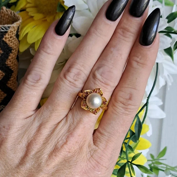 Golden South Sea Pearl & Multi-Tourmaline Flower Ring - Picture 1 of 5